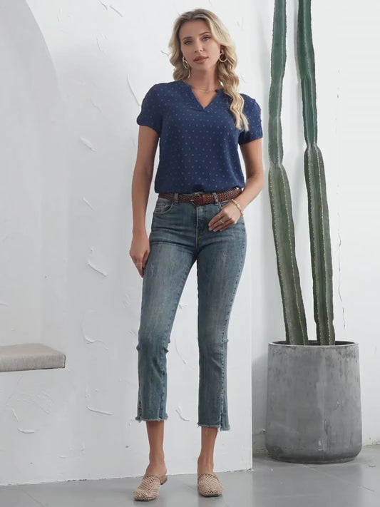Elegant Women's V-Neck Polka Dot Shirt - Solid Color, Short Sleeve, Polyester, Machine Washable, Casual, Shirt